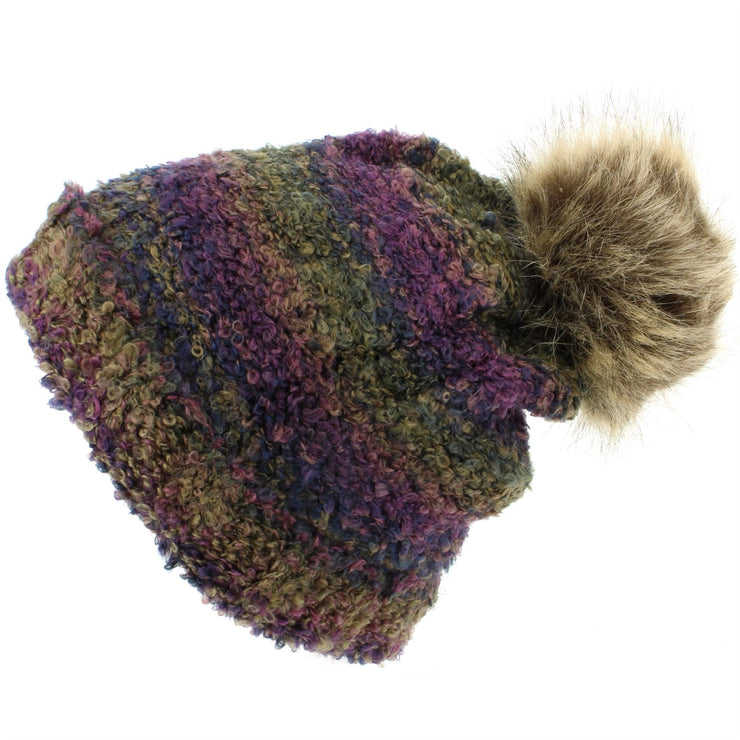 Fleece Lined Beanie Hat with Faux Fur Bobble - Purple