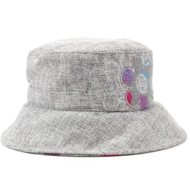 Ladies Bucket Hat with Embroidered Flower Design - Light Grey