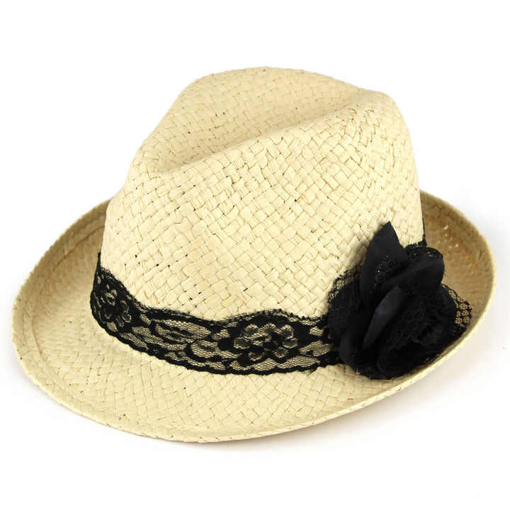 Straw paper trilby hat with lace band and flower corsage - Natural