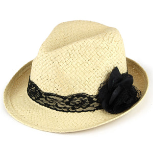 Stråpapir trilby hat med blondebånd og blomstercorsage - Natur