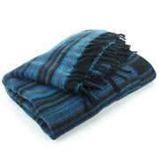 Vegan Wool Shawl Blanket - Stripe - Black Blue