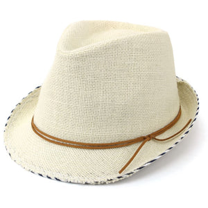 Trilby-Fedora-Hut aus hessischer Baumwolle mit Lederband – gebrochenes Weiß