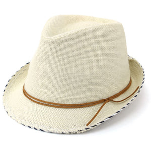 Chapeau Fedora Trilby en Coton de Hesse avec Bande en Cuir - Blanc Cassé