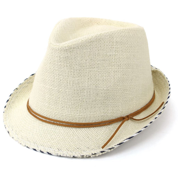 Hessian Cotton Trilby Fedora Hat with Leather Band - Off White