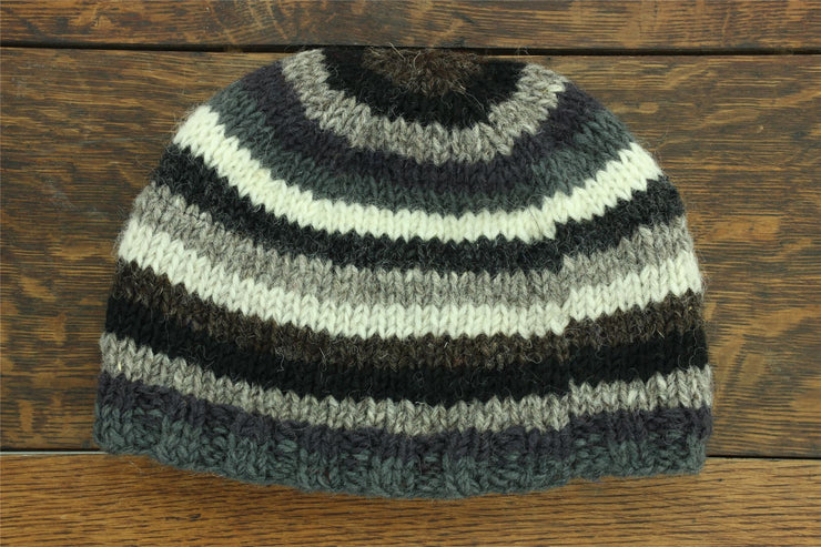 Wool Knit Beanie Hat - Stripe Greys