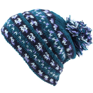 Grobe Wollstrick-Baggy-Slouch-Beanie-Bommelmütze – Blaugrün