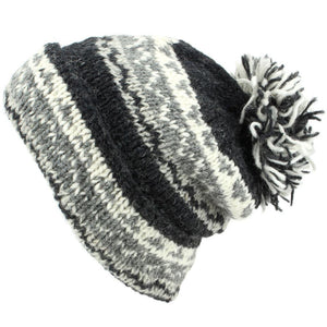 Bonnet à pompon en tricot de laine épaisse baggy slouch - gris