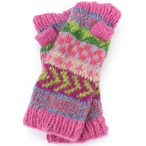 Chunky Wool Knit Arm Warmers - Chevron - Pink
