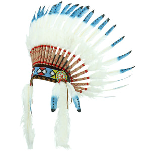 Native American Chief Hovedbeklædning - Blå med sorte pletter (hvid pels)