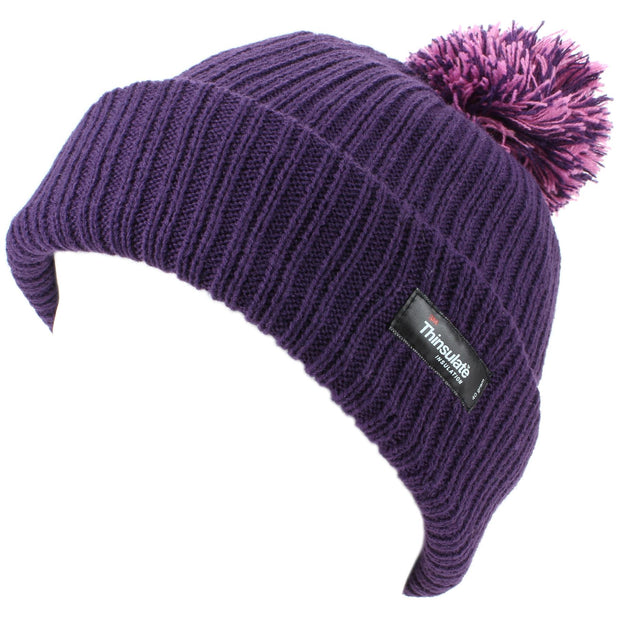 Childrens Beanie Hat with Turn-up and 2-Tone Bobble - Purple