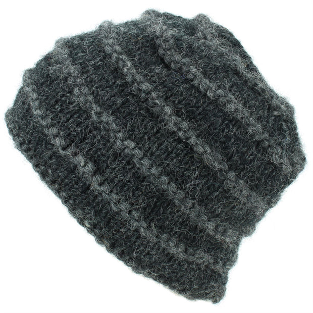 Chunky Ribbed Wool Knit Beanie Hat with Space Dye Design - Charcoal