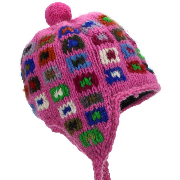 Wool Knit Earflap Bobble Hat - Square Pink