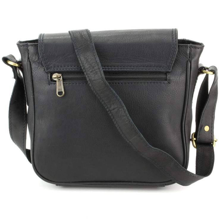 Real Leather Shoulder Bag with Large Extendable Front Pocket - Black