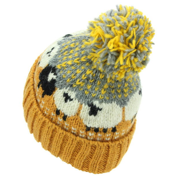 Wool Knit Bobble Beanie Hat - Sheep - Orange