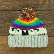 Hand Knitted Wool Beanie Bobble Hat - Sheep - Light Grey Rainbow Stripe