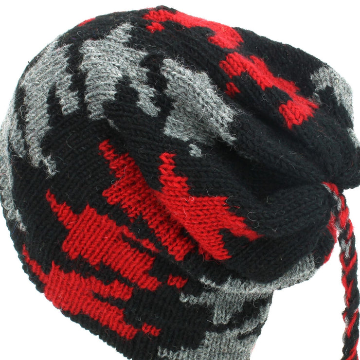 Wool Knit Tassel Beanie Hat - Red Houndstooth