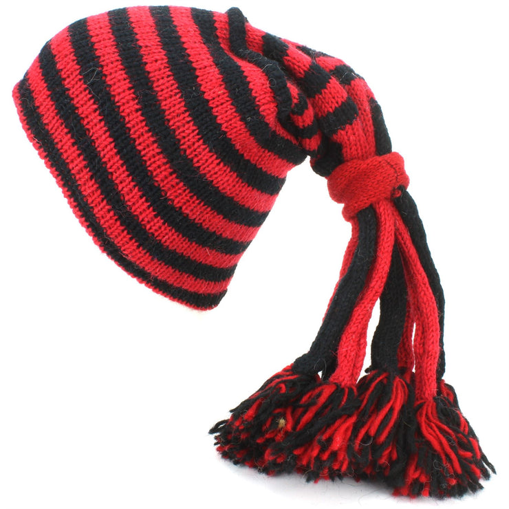 Wool Knit 'Fountain' Tassels Beanie Hat - Red & Black