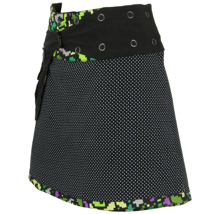 Reversible Short Mini Popper Wrap Skirt with Detachable Pocket - Pixellated Space Flower
