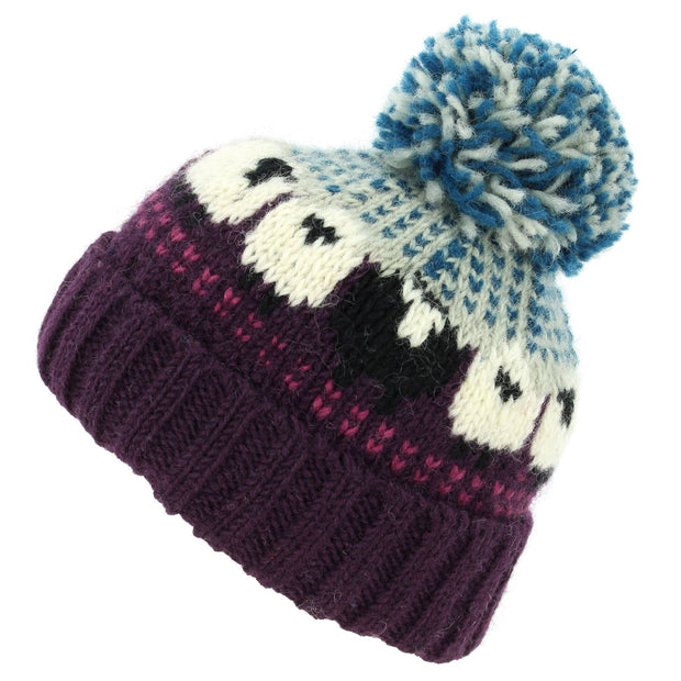 Hand Knitted Wool Beanie Bobble Hat - Sheep - Dark Pink