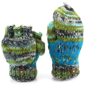 Gants de tir sans doigts en tricot de laine - teinture spatiale (bleu et vert)
