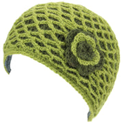 Ladies Wool Knit Crochet Lattice Beanie Hat with Flower - Green