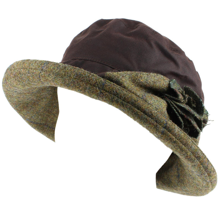 Ladies Waterproof Wax Cloche Hat with Tweed Rose and Brim - Brown (Light Green Tweed)
