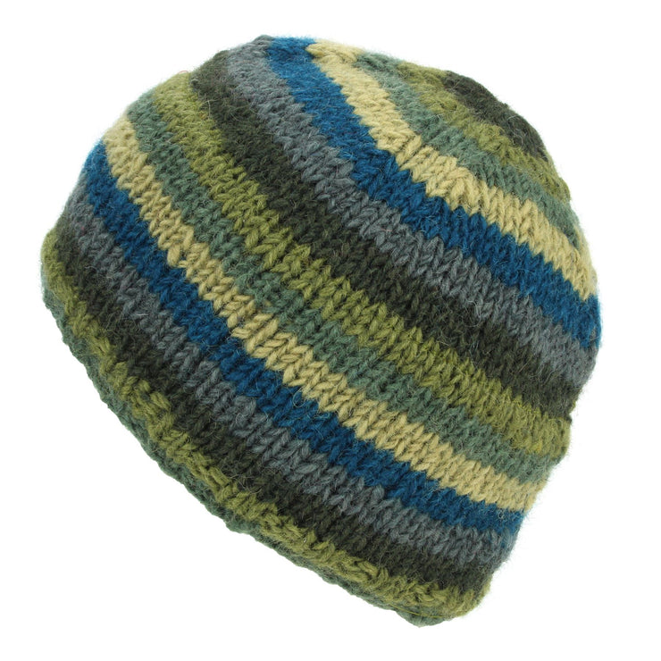 Wool Knit Beanie Hat - Stripe Green Blue