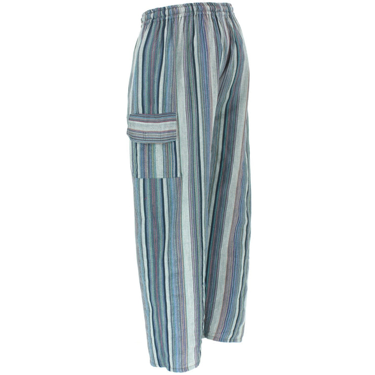 Striped Cotton Cargo Trousers Pants - Grey & Blue