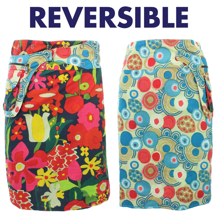 Reversible Popper Wrap Knee Length Skirt - Abstract Floral / Swirls & Spheres