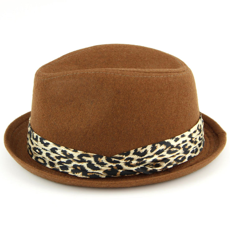 Women's felt rolled brim trilby hat with satin leopard print band - Brown (57cm)