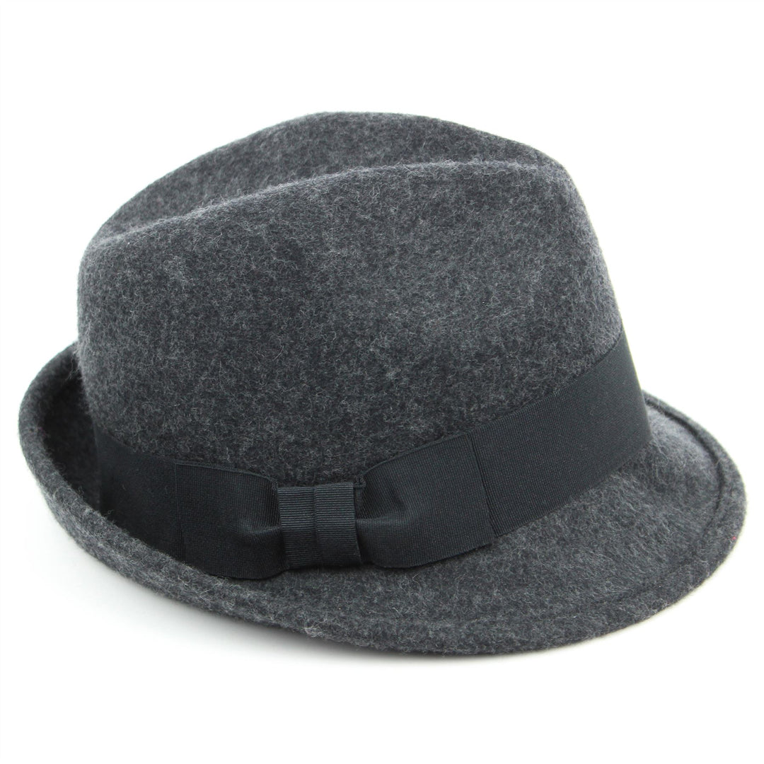 Wool felt trilby hat with wide band and side bow - Dark grey