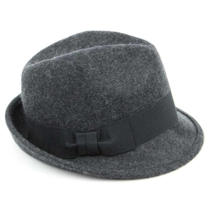 Wool felt trilby hat with wide band and side bow - Dark grey