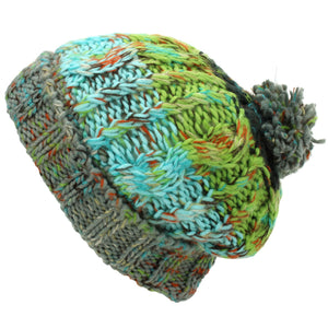 Bonnet en tricot torsadé bicolore avec pompon - Vert