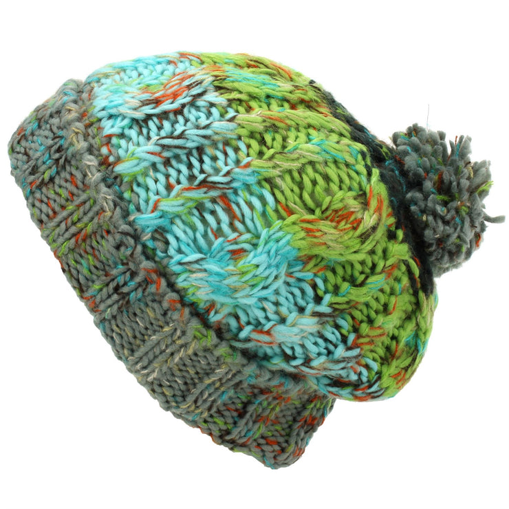 Two Tone Cable Knit Beanie Hat with Bobble - Green