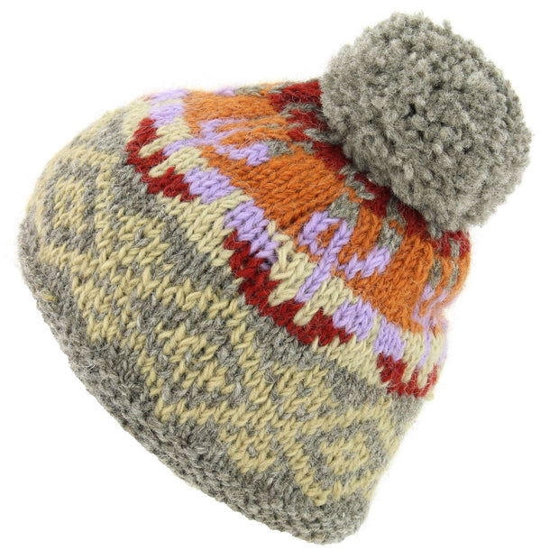 Hand Knitted Wool Beanie Bobble Hat - Grey Orange