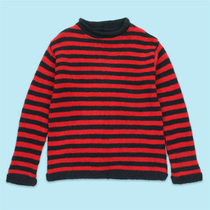 Pull en laine tricoté main - rayure rouge noir