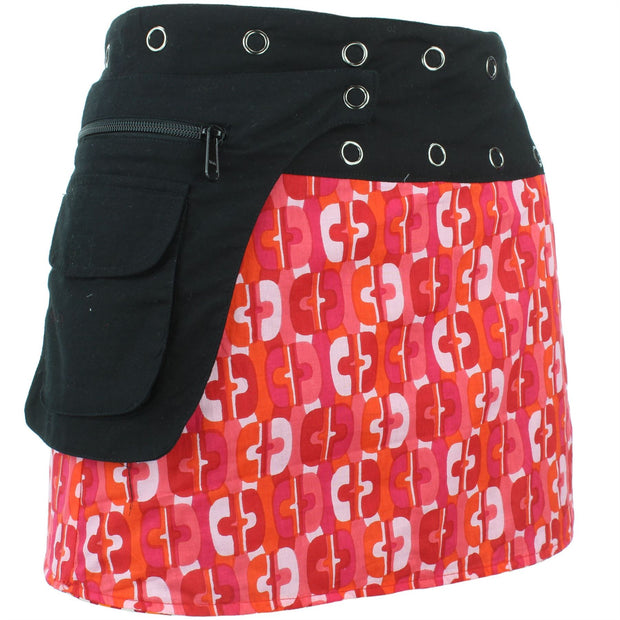 Reversible Popper Wrap Mini Skirt - Red Patch Strips / 70s Telephone