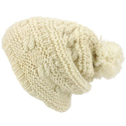 Wool Knit Bobble Beanie Hat - Cream