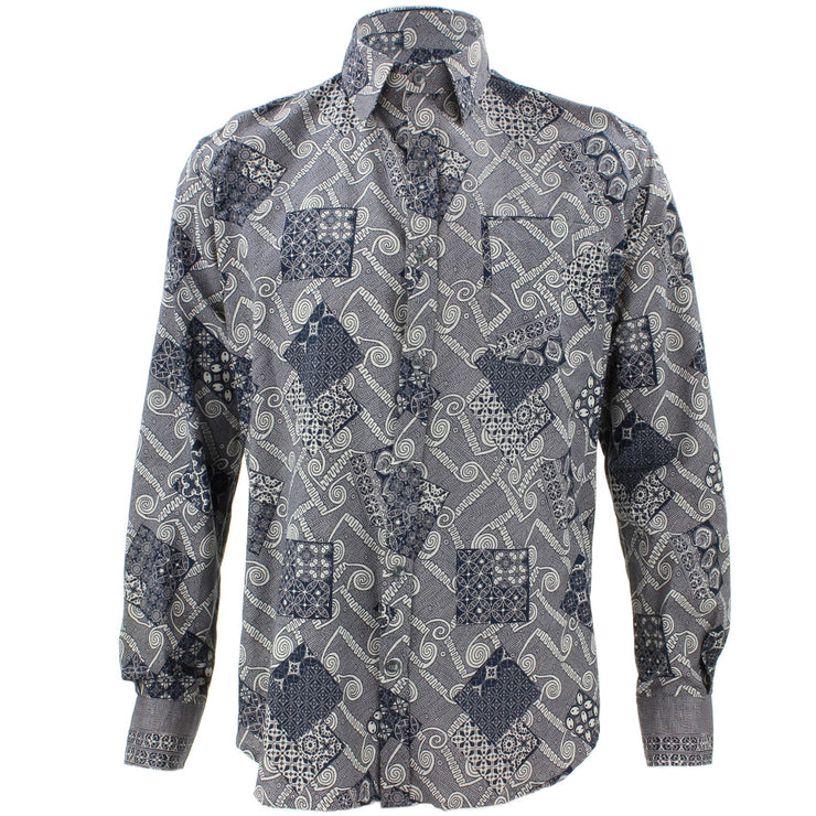 Tailored Fit Long Sleeve Shirt - Blue & Grey Patch