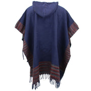Soft Vegan Wool Hooded Tibet Poncho - Navy & Red Grey