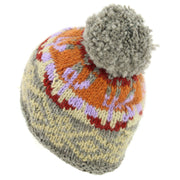Hand Knitted Wool Beanie Bobble Hat - Grey Orange