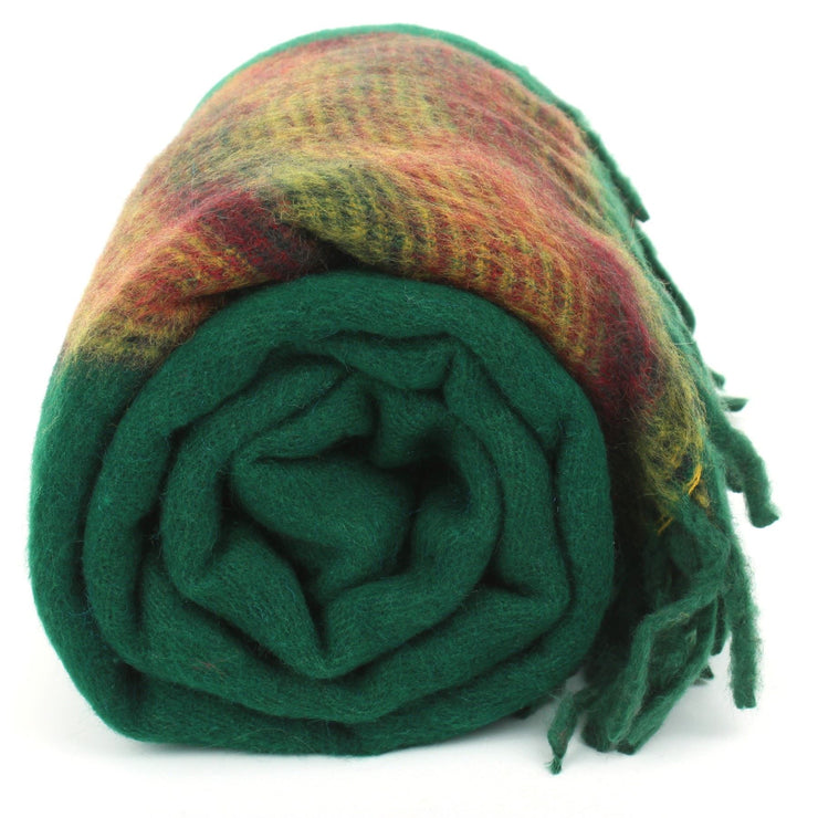 Tibetan Wool Blend Shawl Blanket - Green with Sunset Reverse