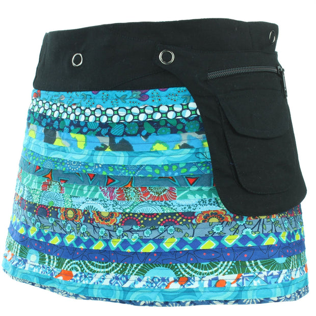 Reversible Popper Wrap Children's Size Mini Skirt - Blue Patch Strips / Diamond Block