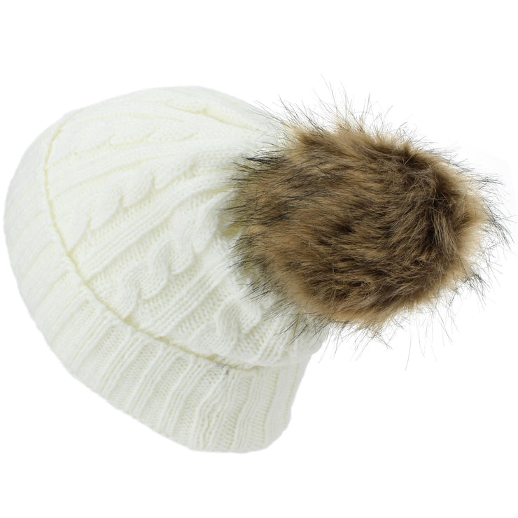 Childrens Cable Knit Beanie Hat with Faux Fur Bobble and Turn-up - White