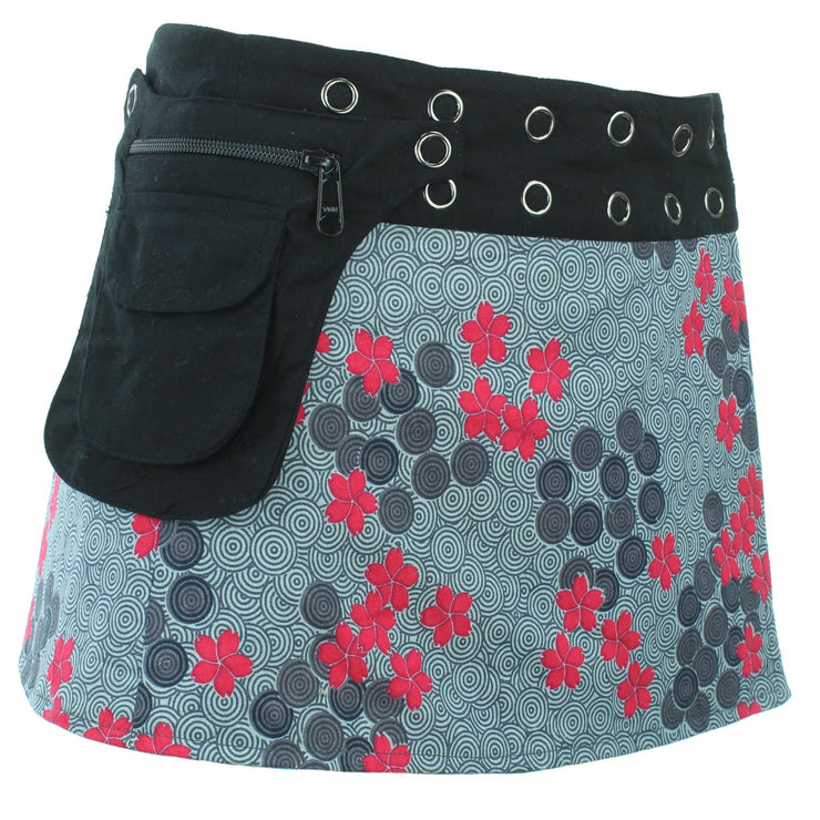 Reversible Popper Wrap Children's Size Mini Skirt - Grey Patch Strips / Spiral Garden