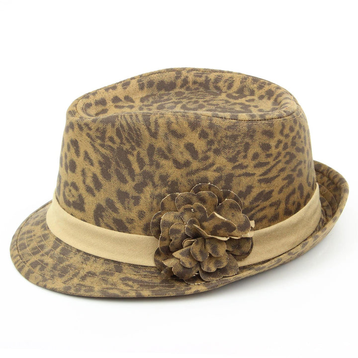 Leopard print trilby hat with side flower - Brown