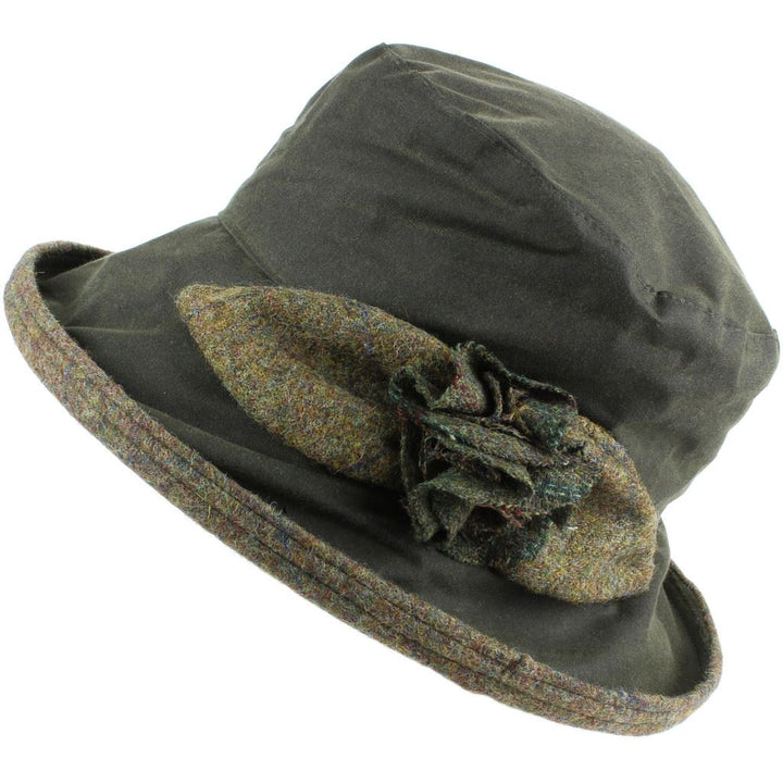 Ladies Waterproof Wax Cloche Hat with Tweed Rose and Brim - Green (Dark Green Tweed)