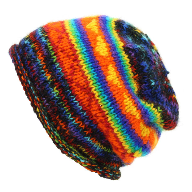 Hand Knitted Wool Beanie Hat - SD Black Rainbow Orange