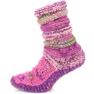 Chaussons chaussettes en grosse laine tricotée - rose