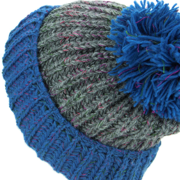 Wool Knit Beanie Bobble Hat - Dark Grey & Blue